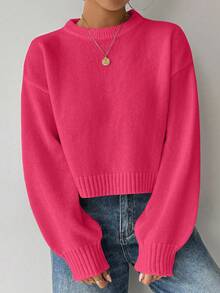 EMERY ROSE 女士纯色简约休闲圆领长袖白色毛衣 - 玫紅色 - 查看 7