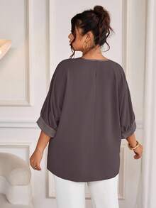 Cravure Plus Size Round Neck 3/4 Sleeve Foil Fabric Patchwork Contrast Color Woven Fabric Cuff Raglan Sleeve Casual Outgoing Vacation Commute Party Pullover Shirt - Rust Brown - View 2