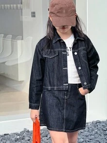 DAZY 2pcs Girls Denim Jacket + Denim Skirt Set, Tween Girl Fall Outfit