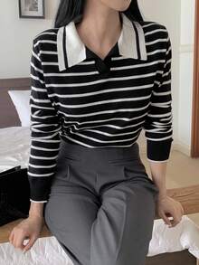 DAZY Women's Casual Loose Polo Neck Long Sleeve Sweater, Autumn - Black - View 6