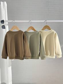 SHEIN Playful Pals 3件套男女通用百搭休闲长袖圆领套头卫衣，婴儿卫衣，宽松百搭，男女宝宝秋冬卫衣，男宝宝套头衫，男宝宝套头衫，中性色婴儿服装，男女宝宝纯色卫衣，婴儿圆领卫衣，婴儿秋季卫衣 - 白色 - 查看 5