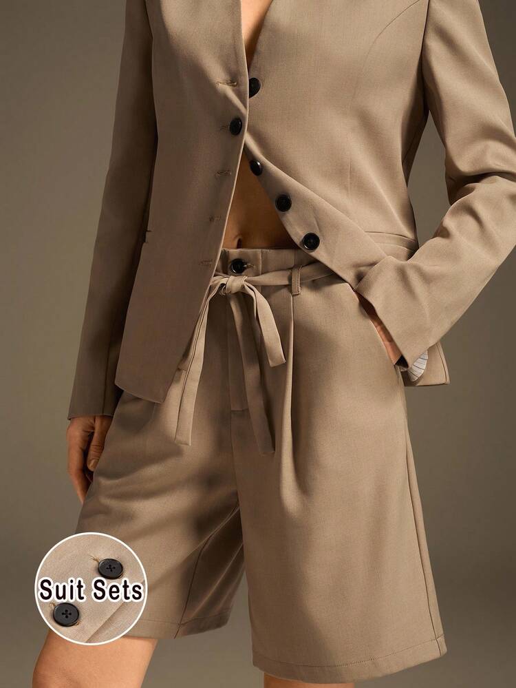 2025 Autumn/Winter V-Neck Long Sleeve Single-Breasted Jacket And Pants Office Suit Set,Khaki,Summer,Business Casual,Office,Urban Chic Minimalist Wear