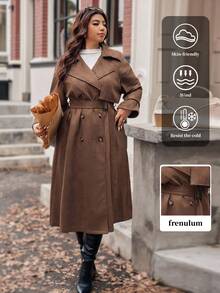 Vionelle Plus Size Women's Woven Lapel Double-Breasted Long Sleeve Cinched Cinched Waist Vintage Elegant Long Trench Coat Winter Fall Autumn Winter Coat Long Coat Women Coats Trench Coat Women Brown Outfits For Women - Coffee Brown - View 4