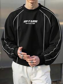 Claim Dot Men's Contrast Trim Letter Print Pullover Sweatshirt - Black - View 1