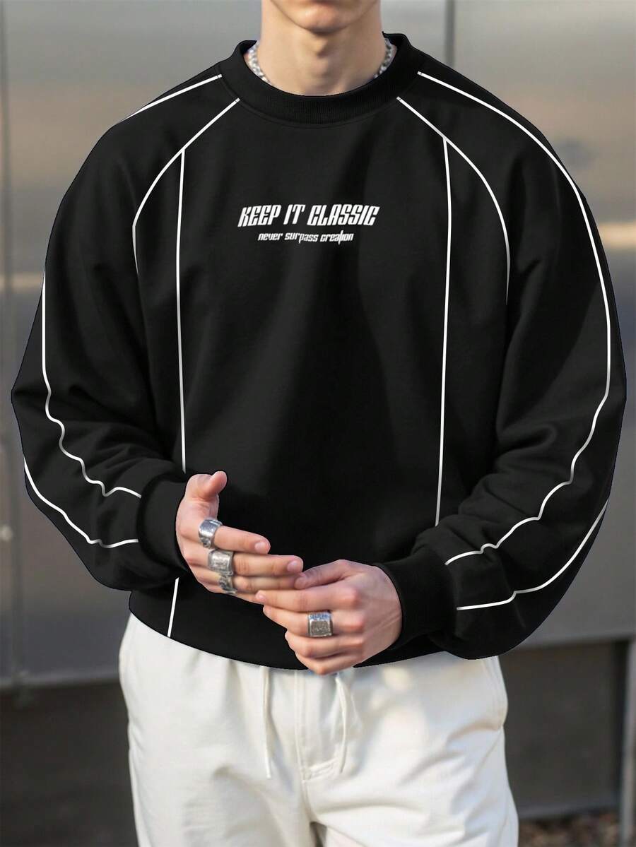 Claim Dot Men's Contrast Trim Letter Print Pullover Sweatshirt - Black - View 1