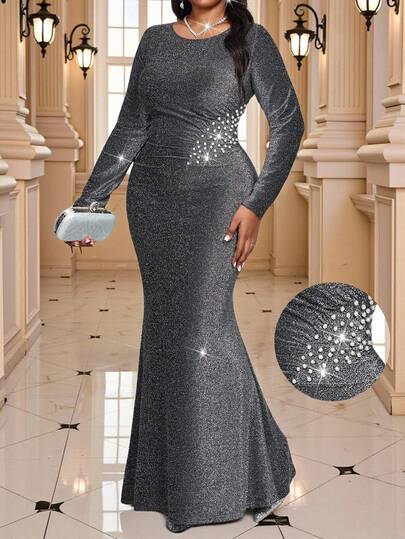 Fleurora Vestido elegante con cuello redondo, cintura ajustada y bajo de cola de pez con decoración de perlas falsas, talla grande, otoño