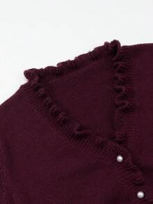 EMERY ROSE 女式荷叶边纽扣前开衫，纯色，秋冬 - 紅色 - 查看 6