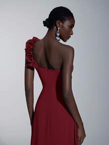 Elitara Adult Bridesmaid Dress With Asymmetric Neckline, 3D Ruffle Trim, Ruched A-Line Silhouette, Bandeau Top - Burgundy - View 4