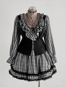 Sunspun Elegant Goth Black And White Autumn 70's Party Women Two Pieces Set,V-Neck Ruffle Patchwork Plaid 2 In 1 Top & Puff Cake Mini Skirt Japanese Outfit - Black and White - View 2