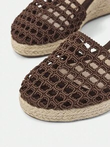 Styleloop 女士坡跟凉鞋，镂空编织鞋面，绳编鞋跟，度假必备单品，波西米亚风情，音乐节，派对装扮，美式复古风 - 棕色 - 查看 3