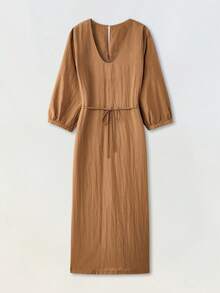 Maija Đầm dài tay lửng cổ chữ U màu nâu thoải mái cho nữ, đơn giản, thời trang, phù hợp mặc hàng ngày, đi làm, có thắt lưng, thích hợp cho mùa hè và mùa thu - Màu vàng - Xem 2
