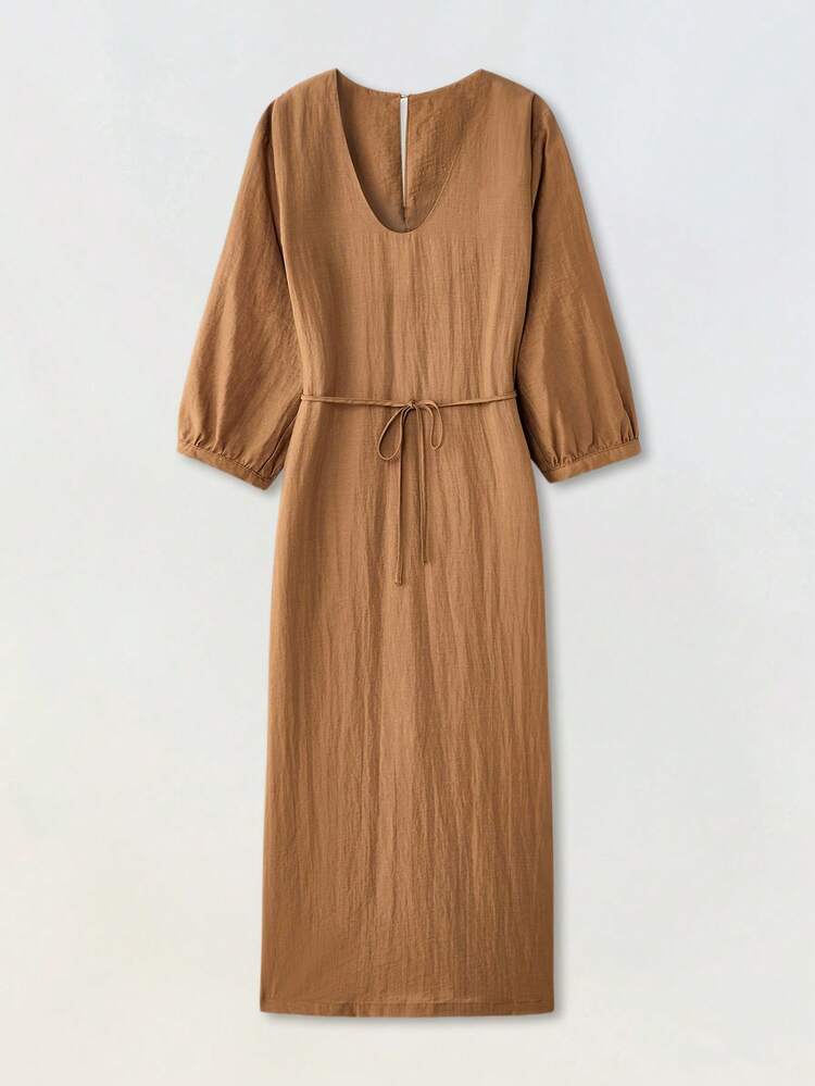 SHEIN Maija Women's Casual Brown U-Neck Loose Comfortable Mid-Sleeve Dress, Simple Stylish For Daily, Work, Belted Waist Long Dress, Suitable For Summer & Autumn Fall Clothes For Women Business Casual Woman Office Outfits For Women Brown Dress