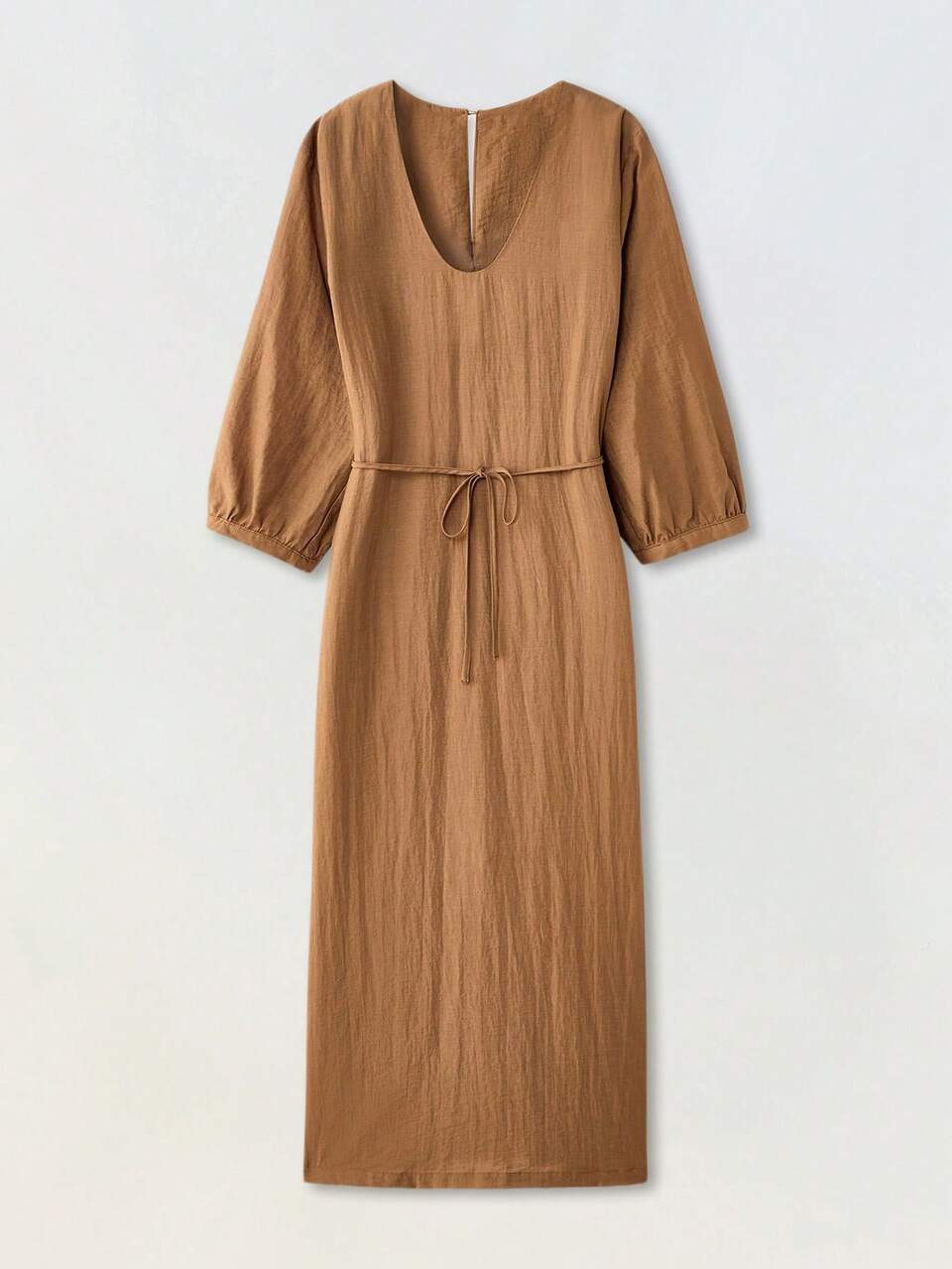 SHEIN Maija Vestido Casual Feminino Marrom de Decote em U, Solto e Confortável, de Manga Média, Vestido Longo Simples e Estiloso para o Dia a Dia, Trabalho, com Cintura Cintada, Adequado para Verão e Outono