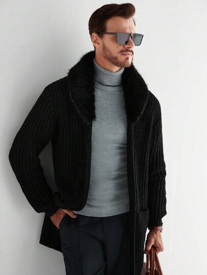 Manfinity CityGents Cárdigan de punto casual de manga larga con cuello de piel de unicolor para hombre, otoño/invierno, Old Money