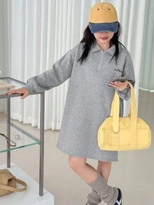 DAZY Tween Girl Fall Clothes Polo Collar Letter Print Knit Fashion Dress - Grey - View 5