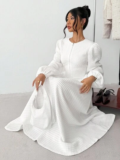 SHEIN Tonårsflicka Enfärgad Långärmad Samlad Minimalistisk Mellanlång Klänning, Avslappnad Vardagskläder Maxi Outfit Långa Aftonklänningar