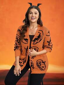 SHEIN LUNE 大尺碼南瓜圖案休閒鈕扣開襟針織外套，女性萬聖節裝扮，秋冬保暖毛衣外套，可愛橘色秋季上衣 - 彩色 - 查看 3