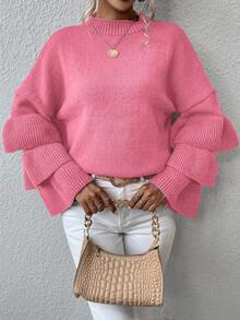 EMERY ROSE Women's Solid Color Round Neck Patchwork Ruffle Flare Sleeve Fashion Sweater, Autumn