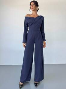 Firerie Macacão feminino azul-marinho, cor sólida, manga comprida, cintura plissada, pernas largas, extra longo, elegante e generoso, macacão feminino formal, elegante, romântico, assimétrico, cruzado, traje feminino para professora, macacão feminino para o dia a dia, roupa primavera, outono e inverno, elegante, para o dia a dia, casual, diário, minimalista, traje de trabalho - Azul marinho - Ver 4