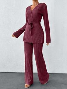 SHEIN Tall Solid Cross Belted Top & Wide Leg Pants Two Piece Set Women Elegant Formal Two Piece Set Two Piece Pants Set Women Pleated Two Piece Set Pants Suit Modest Two Piece Set - Burgundy - View 1