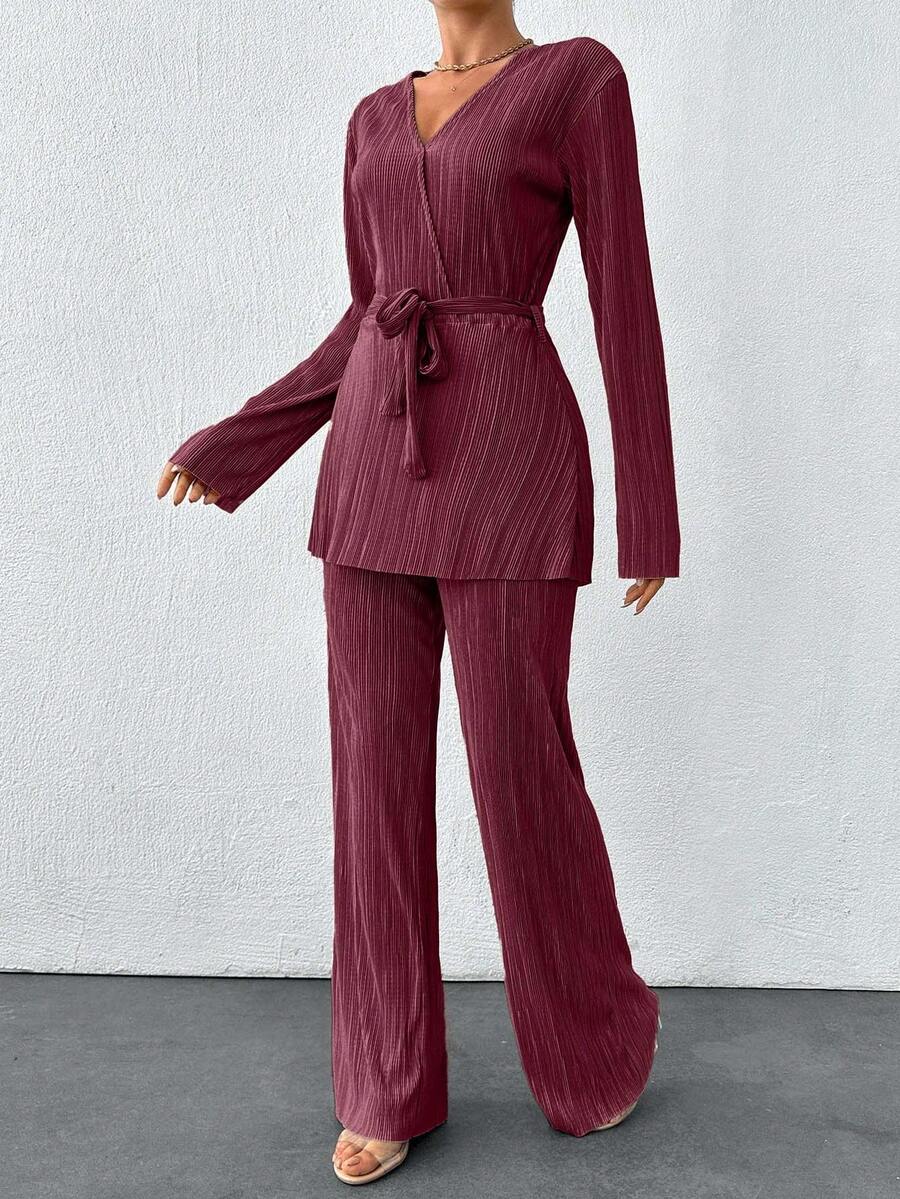 SHEIN Tall Solid Cross Belted Top & Wide Leg Pants Two Piece Set Women Elegant Formal Two Piece Set Two Piece Pants Set Women Pleated Two Piece Set Pants Suit Modest Two Piece Set - Burgundy - View 1