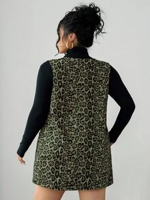 Elenzga Plus Size Women V-Neck Sleeveless Leopard Print Dress, Autumn/Winter - Olive Green - View 2