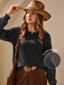 Wildy Fall Country Chic Women's Casual Washed Raglan Sleeve T-Shirt Babydoll Dress Cropped Sweater Gray Sweater Jumper For Women Ribbed Sleeve Sweater Button Up Sweater Women Jumper Women T-Shirt Ribbed T-Shirt PreFall Sweater - Black - View 1