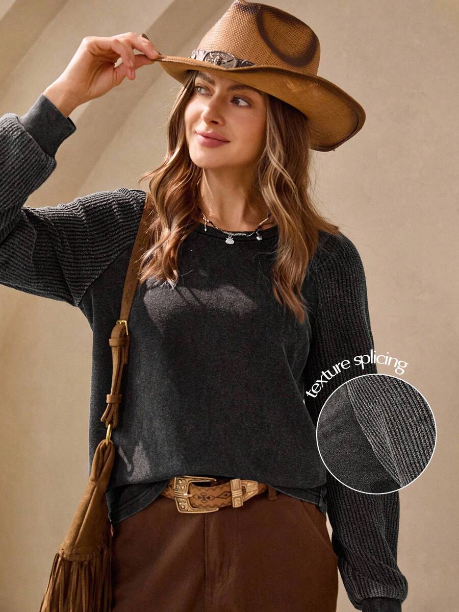 Wildy Fall Country Chic Women's Casual Washed Raglan Sleeve T-Shirt Babydoll Dress Cropped Sweater Gray Sweater Jumper For Women Ribbed Sleeve Sweater Button Up Sweater Women Jumper Women T-Shirt Ribbed T-Shirt PreFall Sweater - Black - View 1