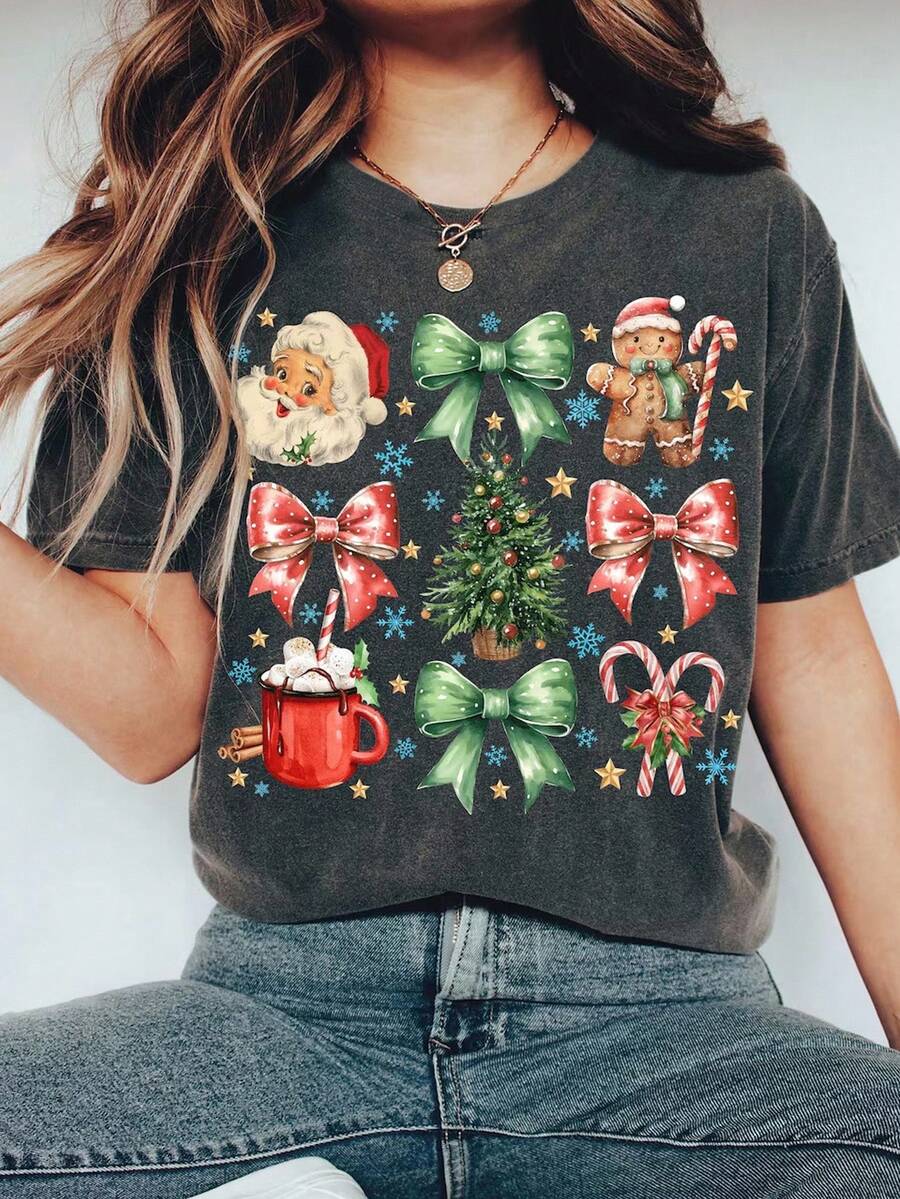 EMERY ROSE 加大码可爱圣诞T恤、蝴蝶结衬衫、圣诞衬衫、圣诞睡衣、圣诞礼物、女士圣诞配套衬衫 - 深灰色 - 查看 1
