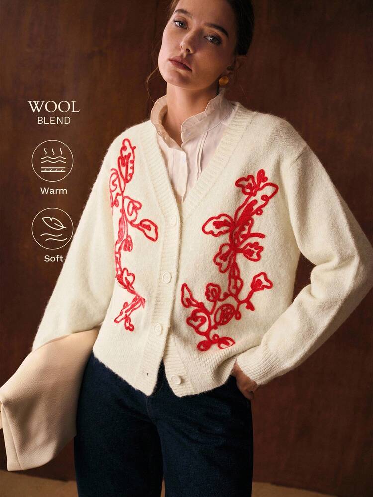EMBROIDERY PLANTS PATTERN V-NECK BUTTON PLACKET CARDIGAN , FALL WINTER