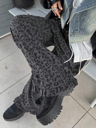 FRIFUL Calça feminina folgada com estampa de leopardo e bainha com babados, outono