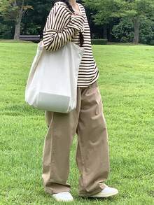 DAZY 大码落肩条纹T恤，配色设计，秋季服装，返校服装长袖女上衣 - 黑與白 - 查看 6