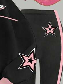 SHEIN Leap Crew 2pcs Tween Girl Casual Black Pink 88 Numeric Print Sweatshirt And Leggings Set,Back-To-School Fashion Sports Style School,Autumn Street Chic Clothes - Multicolor - View 6