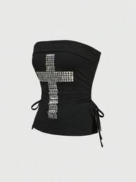 ROMWE J-Fashion Y2K Cross Studded Rhinestone Decor Black Cropped Strapless Drawstring Slit Hem Women Kpop Top
