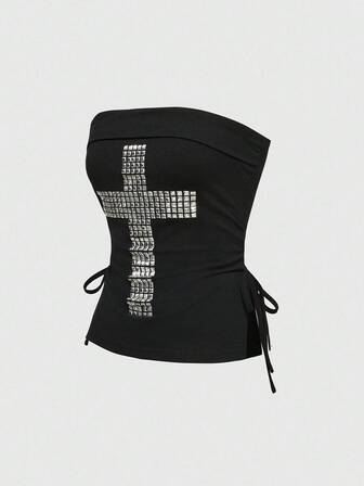 J-Fashion Y2K-Kreuz mit Strass-Verzierung, schwarzes trägerloses Crop-Top mit Kordelzug und Schlitzabschluss für Frauen im Kpop-Stil