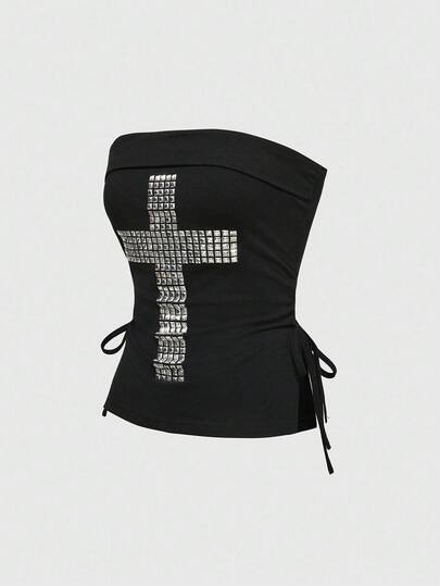 J-Fashion Y2K Cross Studded Rhinestone Decor Black Cropped Strapless Drawstring Slit Hem Women Kpop Top