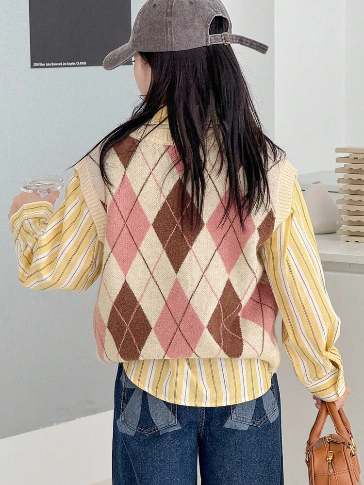 Tween Girl Argyle Pattern V-Neck Casual Knit Vest, Autumn/Winter