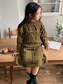 DAZY Young Girls Casual Solid Color Knitted Sweater And Skirt Set, Autumn/Winter - Green - View 4