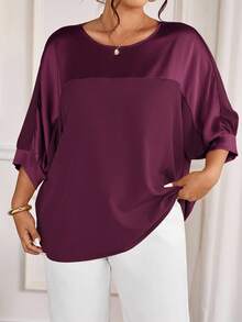 Cravure Áo thun chui đầu cổ tròn tay 3/4 vải kim loại chắp vá màu tương phản vải dệt cổ tay áo raglan thường ngày đi chơi đi làm dự tiệc - Màu Đỏ Sâu - Xem 4