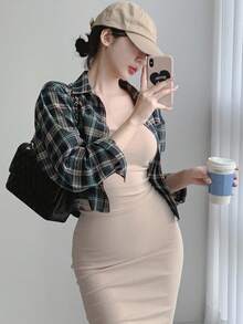 DAZY 女士春夏格子印花长袖休闲衬衫，短款，长袖上衣，法兰绒女装 - 黑色 - 查看 2