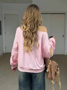 INAWLY Sweatshirt Kasual Wanita Motif Hati Bordir Bahu Miring untuk Kembali ke Sekolah, Cocok untuk Kampus, Rumah, dan Aktivitas Luar Ruangan - Berwarna merah muda - View 2