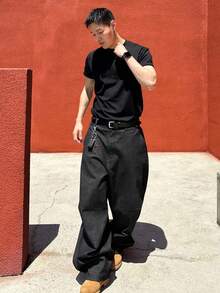 DAZY 秋季条纹可调节踝带宽松低腰男士牛仔裤 - 黑色 - 查看 6