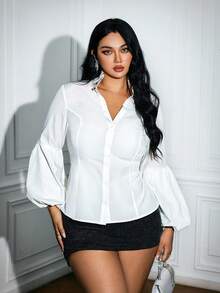 Viva Relle Plus Size White Women's Shirt,Silky Elegant Lantern Sleeve Stand Collar Cinched Waist Casual Blouse,Autumn Dinner Versatile Poet Blouse - White - View 5