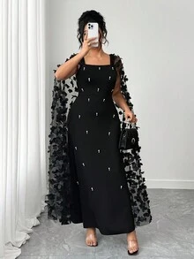 Elenzga 大码女式优雅派对串珠披肩领长袖针织连衣裙 - 黑色 - 查看 6