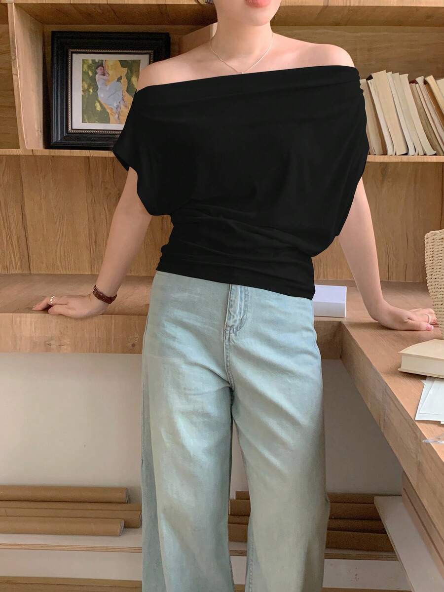 DAZY 女式褶饰单肩纯色休闲短袖 T 恤，露肩上衣