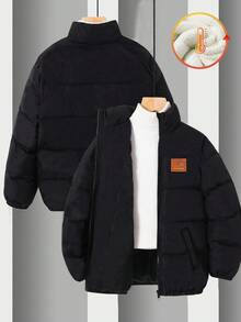 1 Piece Tween Boy Leisure Sports College Literary Retro With Grab Velvet Lining Mid-Length Padded Coat,Suitable For Daily Use,Sports,In Fall/Winter - Black - View 2