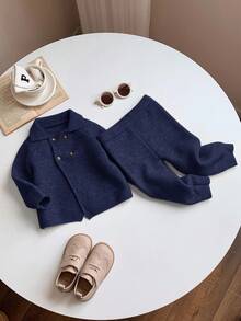 SHEIN 2pcs Baby Boy/Girl Solid Color Collared Long Sleeve Sweater And Pants Set, Suitable For Autumn/Winter Autumn And Winter Two Piece Suit Dark Blue Baby Boy Outfit Baby Boy Knitted Set Knit Two Piece Toddler Fall