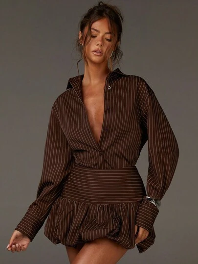 Athîral Casual Sets For Women,Fall Outfits For Women,Brown Bubble Skirt And Blouses,Brown Stripes
