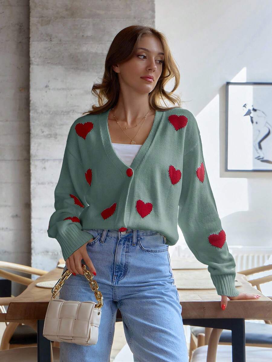 EURMUSE Knitwear Cardigan With Heart Placement Date Sage Green Autumn Cute Romantic - Mint Green - View 1