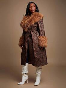 SHEIN SXY Plus Size Women's Brown Autumn Elegant Night Out Club Faux Fur Furry Collar And Cuffs Long Coat With Free Belt,Gorgeous Glamorous Slim Fit Y2K - Multicolor - View 2
